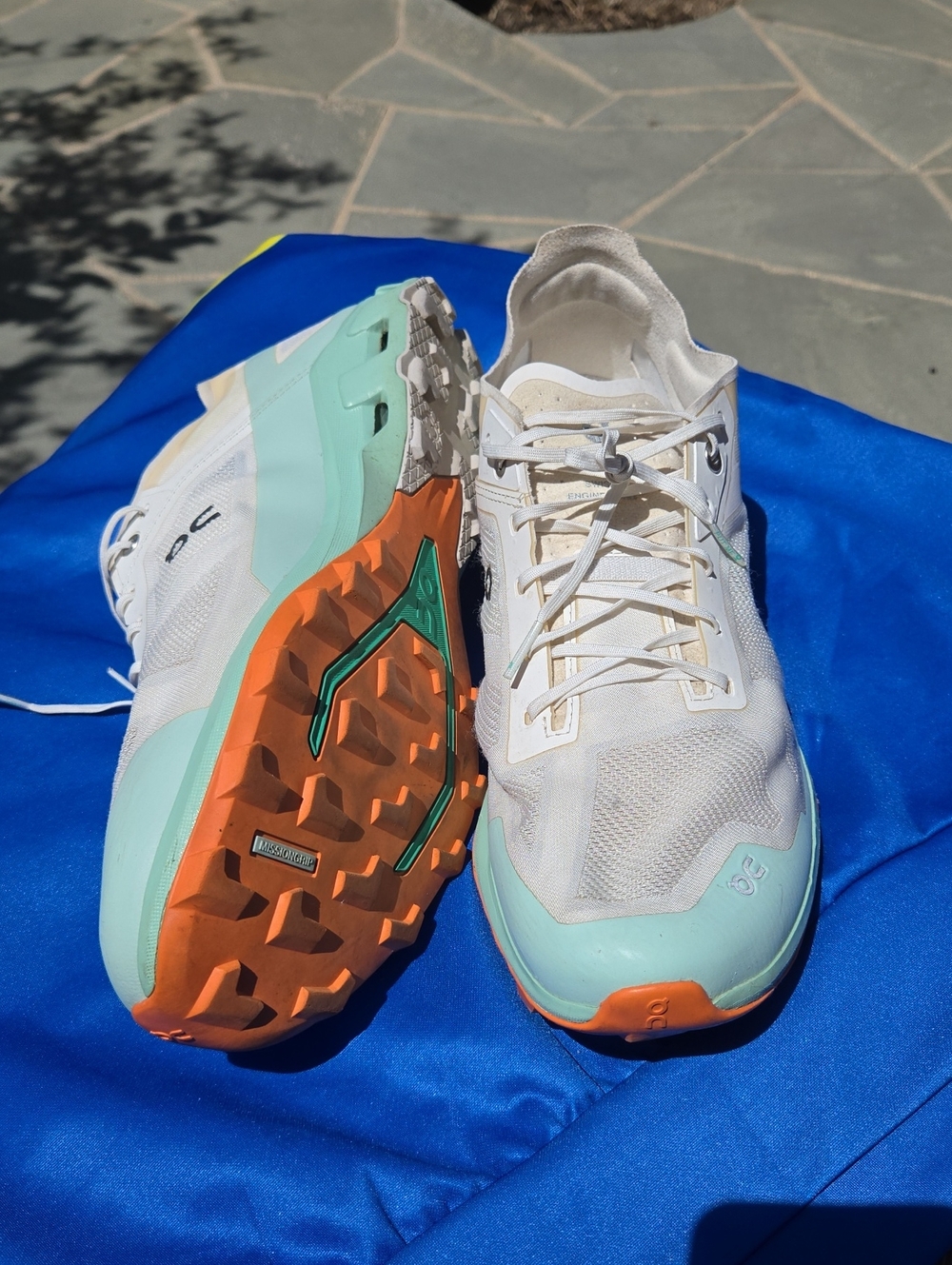 On Running Men’s White Mint Orange Cloudventure Athletic Shoes